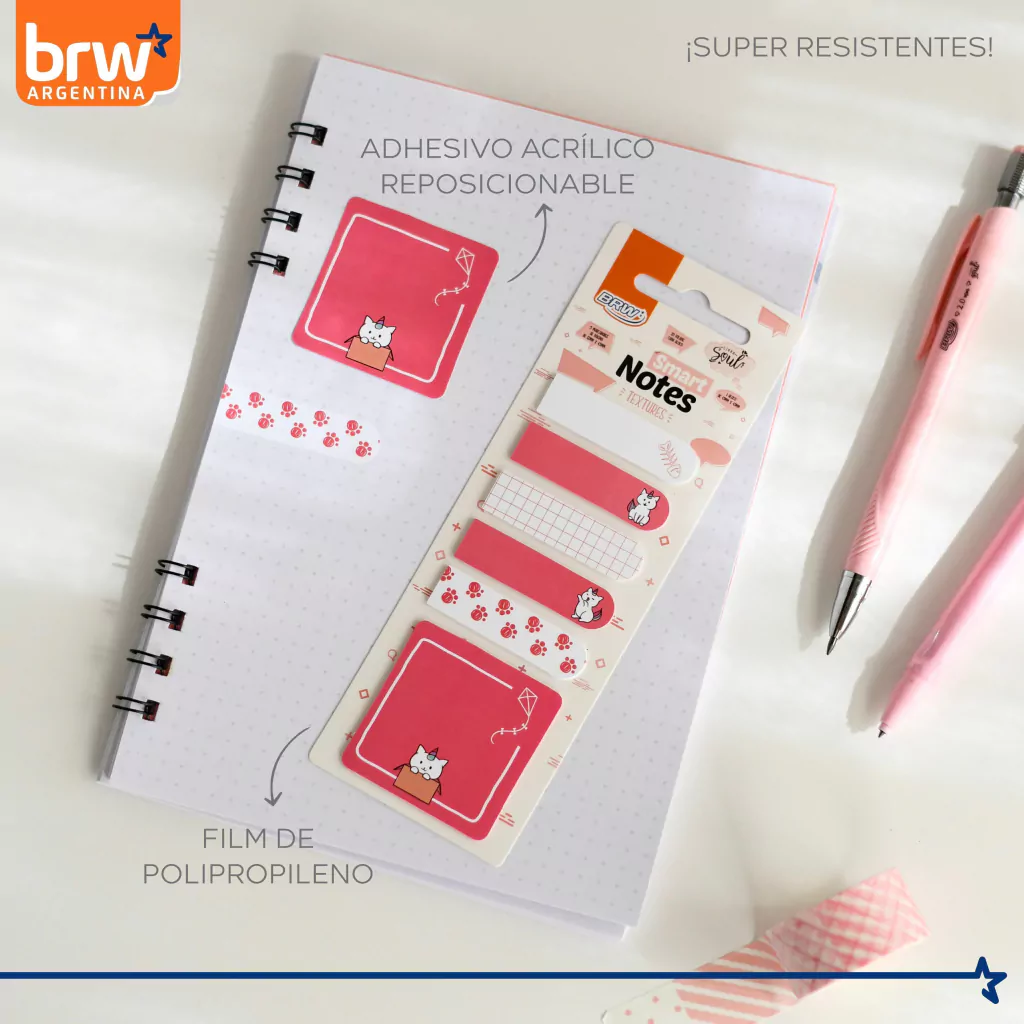 Set BRW "TEXTURES GATITO CORAL" Notas Adhesivas + Señaladores de Paginas