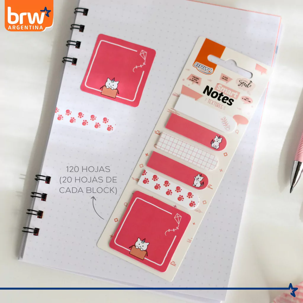 Set BRW "TEXTURES GATITO CORAL" Notas Adhesivas + Señaladores de Paginas