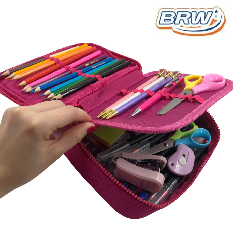 CARTUCHERAS 100 Lápices BRW ** FUCSIA **  1 Cierre c/ Divisiones Internas - PREMIUM Reforzada