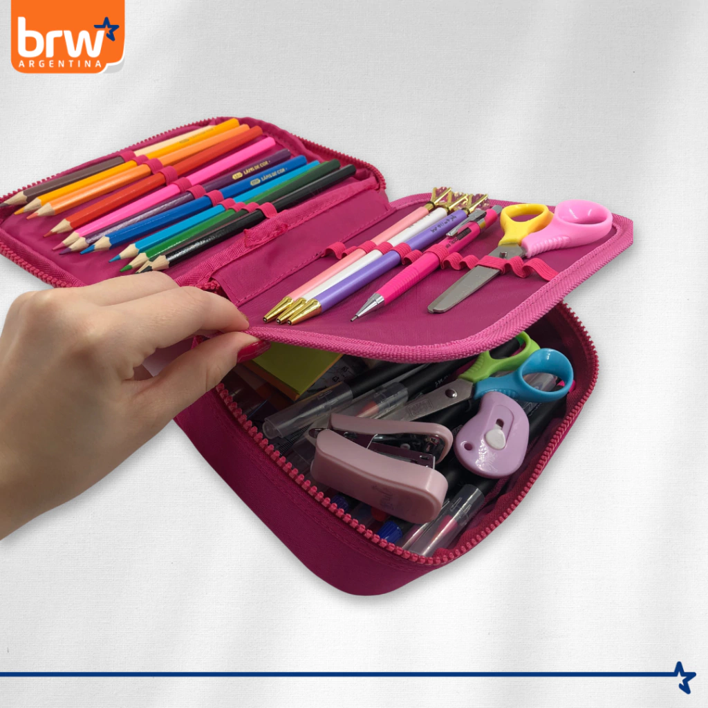 CARTUCHERAS 100 Lápices BRW ** FUCSIA **  1 Cierre c/ Divisiones Internas - PREMIUM Reforzada