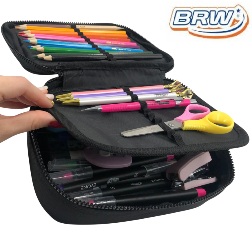 CARTUCHERAS 100 Lápices BRW ** NEGRA **  1 Cierre c/ Divisiones Internas - PREMIUM Reforzada