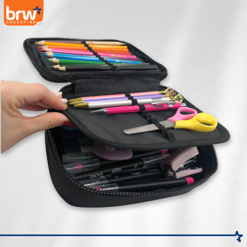CARTUCHERAS 100 Lápices BRW ** NEGRA **  1 Cierre c/ Divisiones Internas - PREMIUM Reforzada