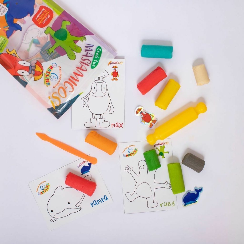 SET * MASIAMIGOS * MASAS x 10 unidades + 3 Plantillas Plastificadas + 1 Palito de amasar + 1 Estecas + 2 Stiickers MASILINA (Con Cierre ZIP)