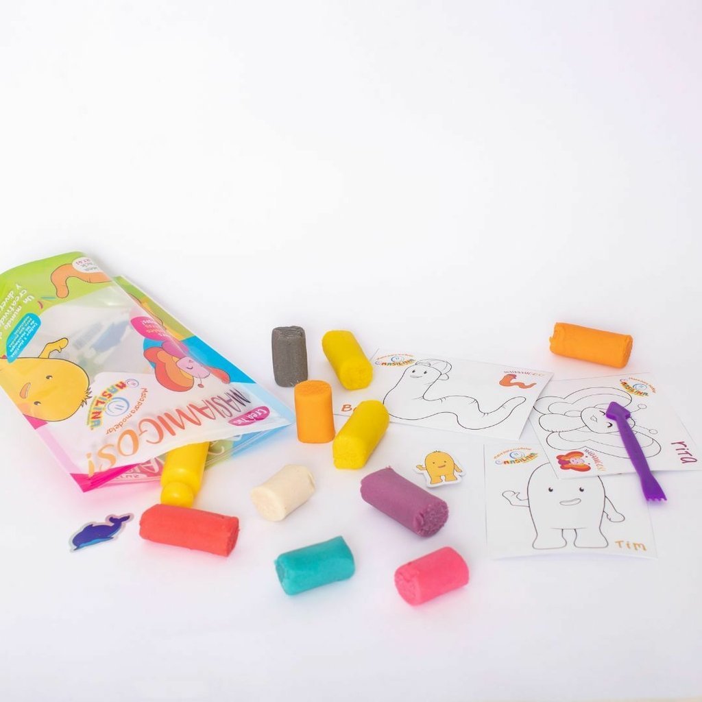 SET * MASIAMIGOS * MASAS x 10 unidades + 3 Plantillas Plastificadas + 1 Palito de amasar + 1 Estecas + 2 Stiickers MASILINA (Con Cierre ZIP)