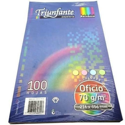 Resma de Papel MULTICOLOR " Triunfante / Luma " Oficio 75 Gr x 100 hojas (Hojas de Colores Surtidos) Rainbow