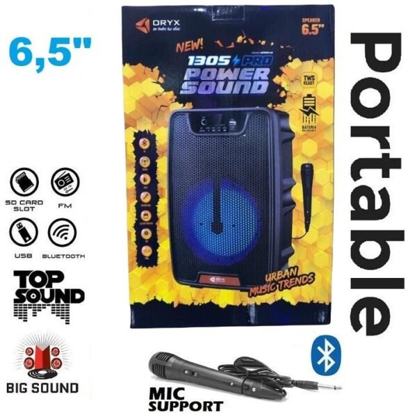 Parlante ORYX 6.5" 1305 PRO Batería Bluetooth Inalámbrico C/ LUZ + Micrófono + Entrada USB