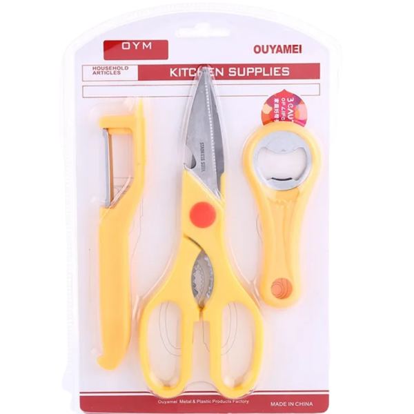 SET DE COCINA DYM * AMARILLO * TIJERA + PELAPAPA + ABRIDOR OUYAMEI