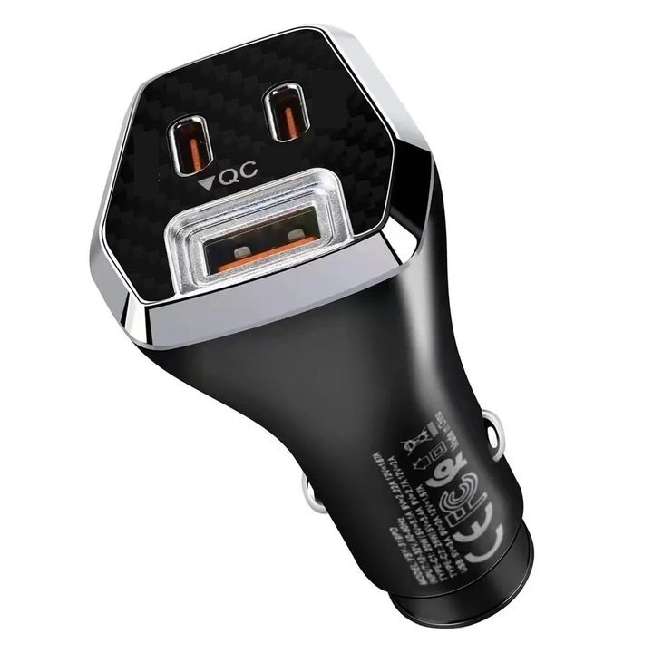 Cargador de Auto para Celular " 3.1 A Salida USB y 2 Tipo C" (Carga Rápida) 12 V - SIN CABLE - 53004