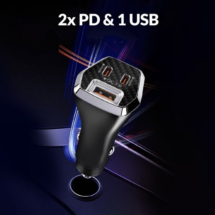 Cargador de Auto para Celular " 3.1 A Salida USB y 2 Tipo C" (Carga Rápida) 12 V - SIN CABLE - 53004