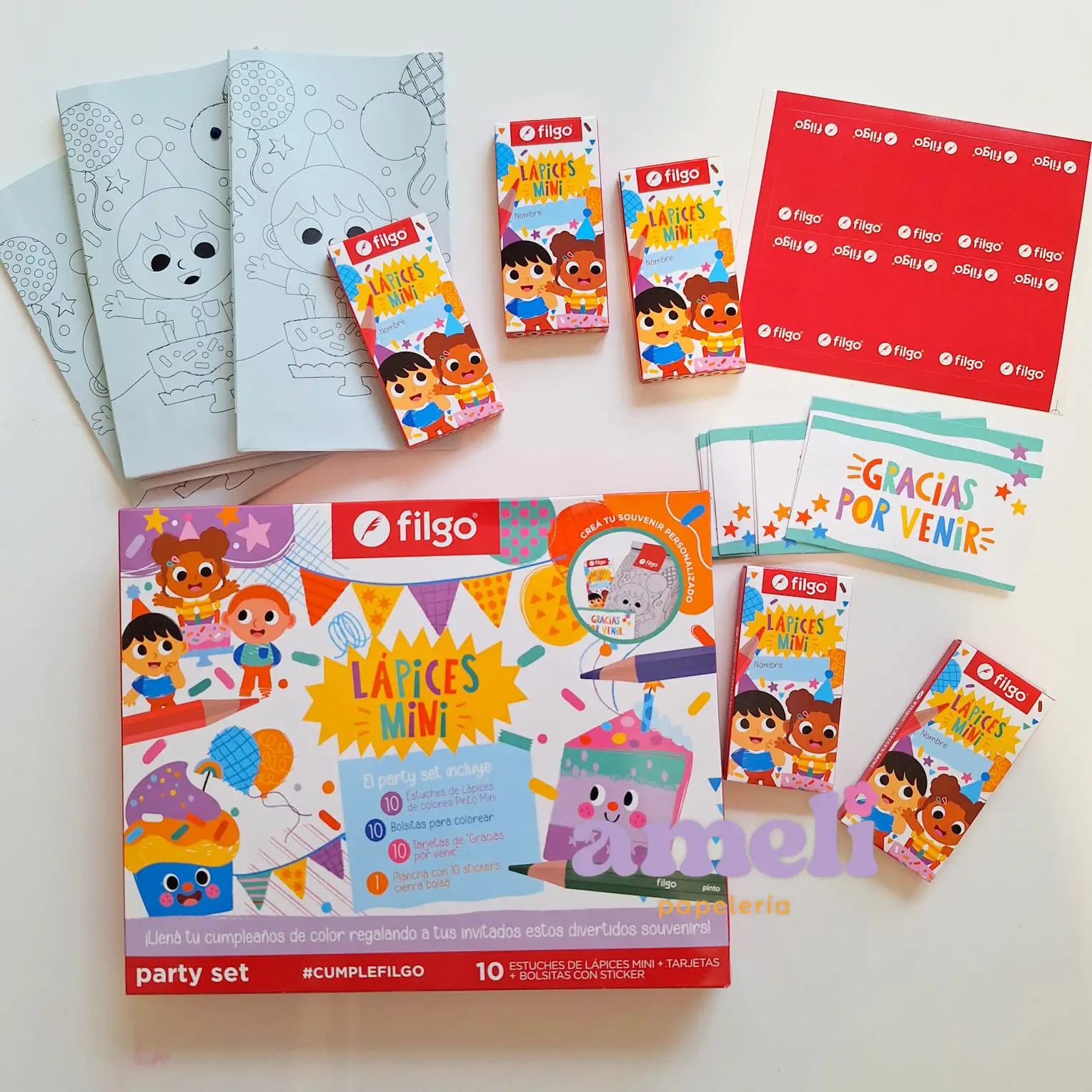 Party Set Filgo * Cumpleaños con Lápices Mini * -Para 10 invitados - (Incluye 10 Cajitas de Lapices x 6 + 10 Bolsitas para colorear+ 10 Tarjetitas + 10 Sticker Cierra bolsa
