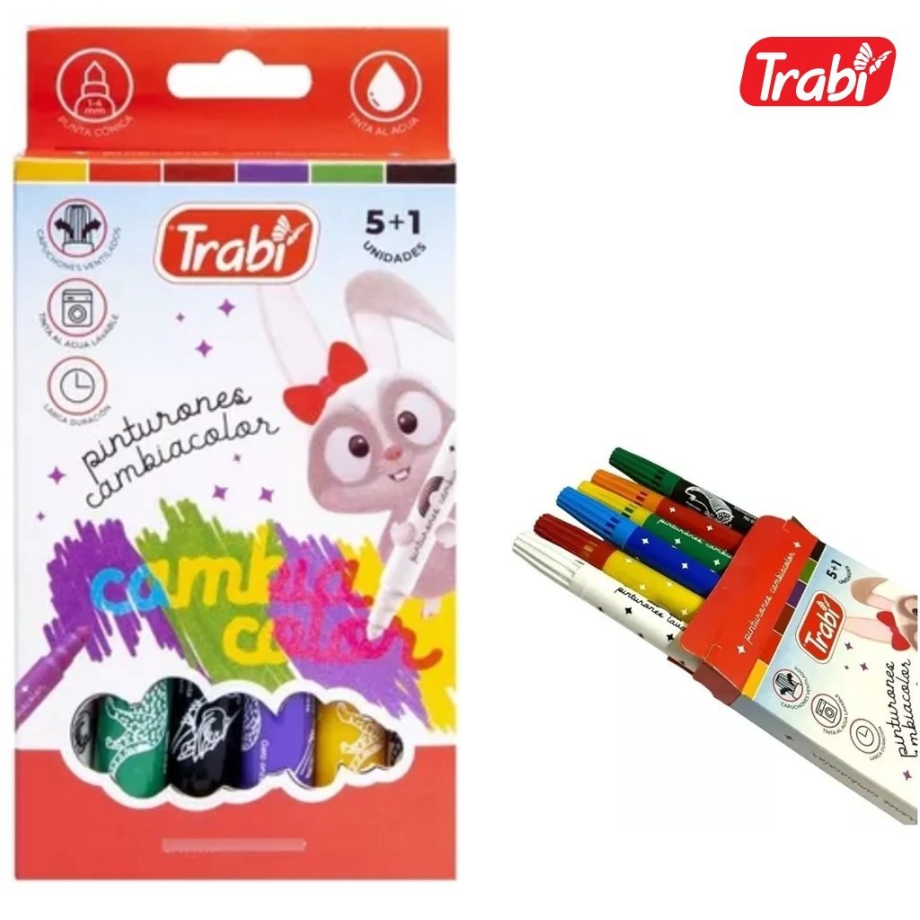 FIBRAS TRABI CAMBIA COLOR X 6 PUNTA CONICA - GRUESO - (5 Marcadores + 1 Cambia color)