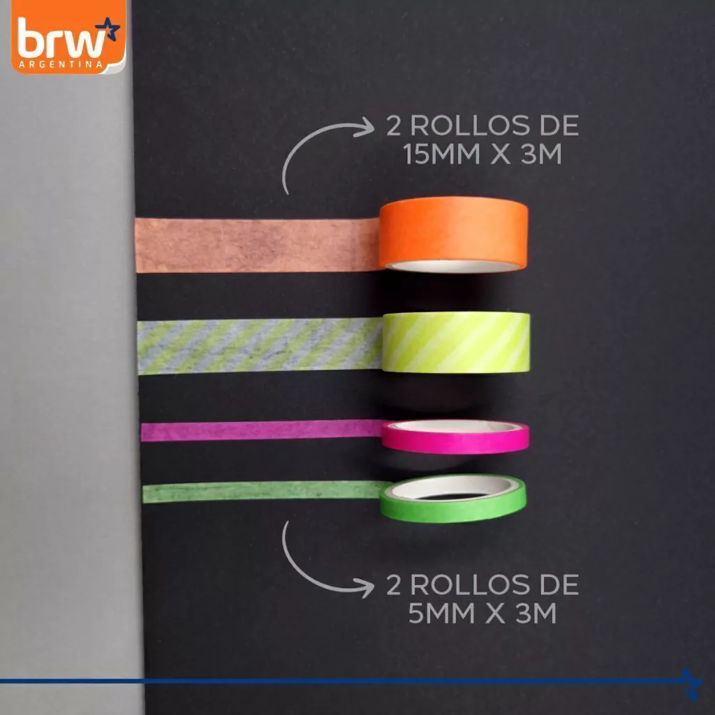 CINTA BRW " NEON X 4 UNIDADES " 3 MTS WASHI TAPE DECORATIVA