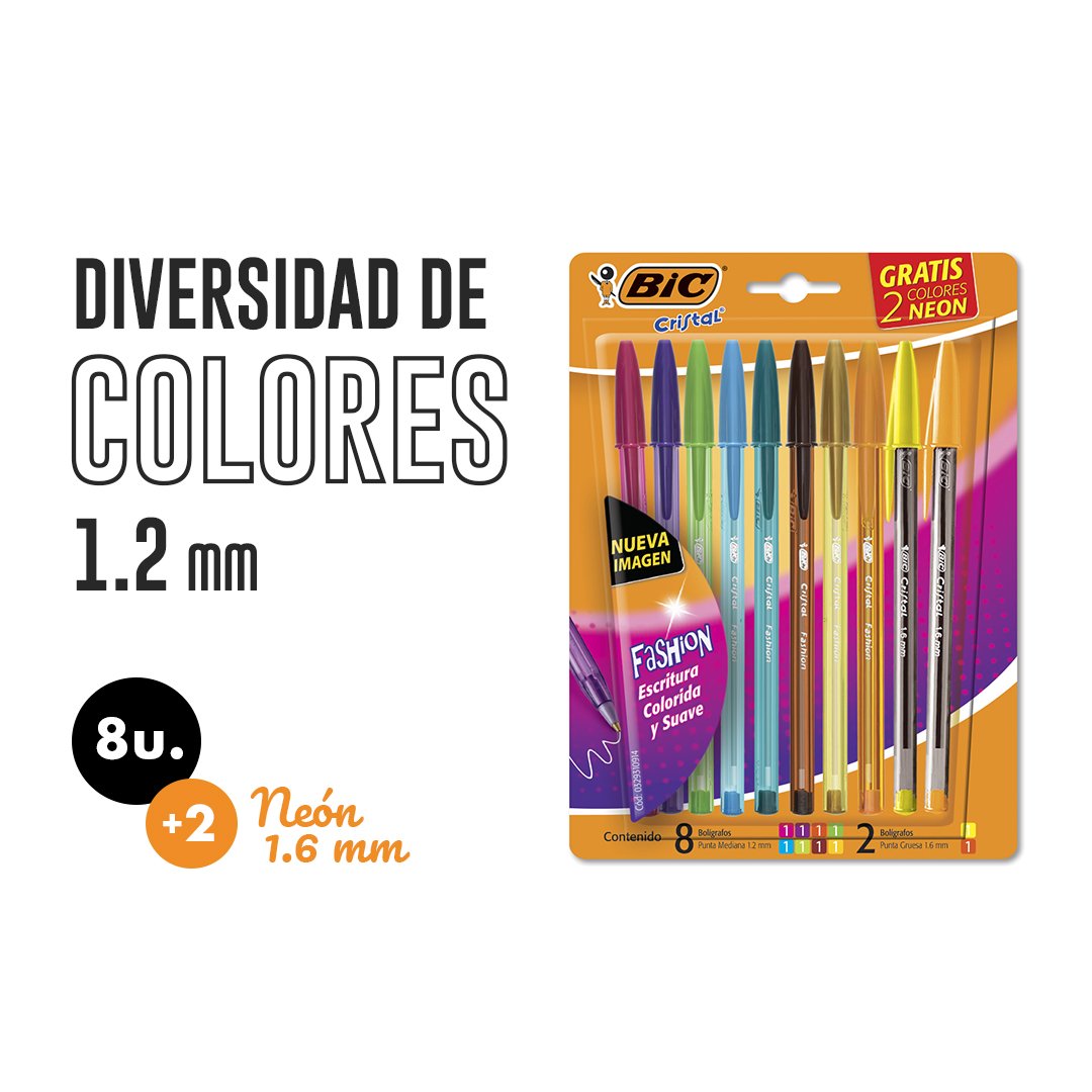 Lapiceras de Color Bic Fashion x 10 (2 Flúo incluidas)