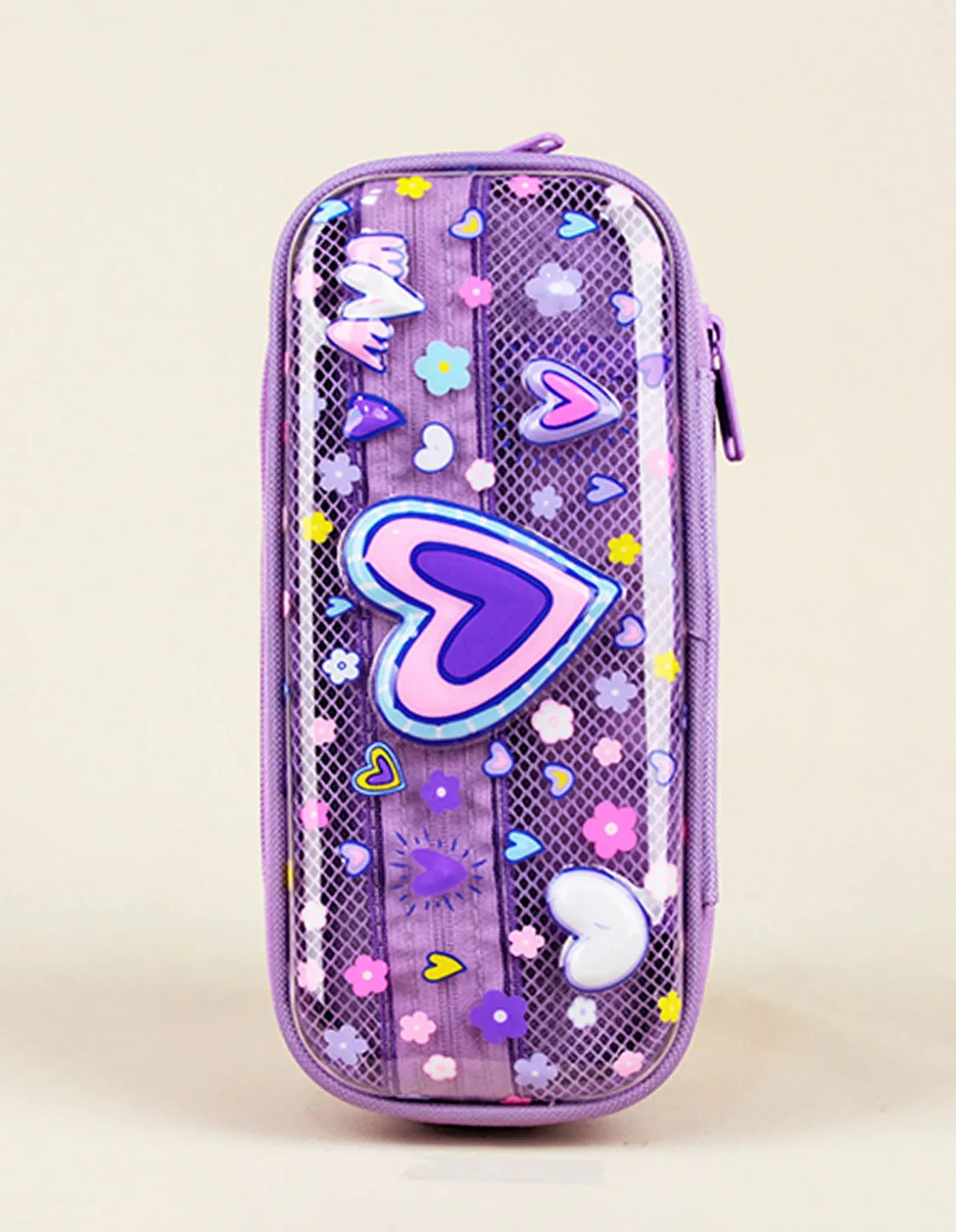 Cartucheras 3D "Corazón 2 Cierres " Frente Traslucido 2 Divisiones Reforzadas (2053)