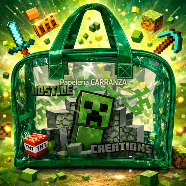 Bolsos * MINECRAFT * Transparente C/ Manija y Cierre - Tamaño Mediano