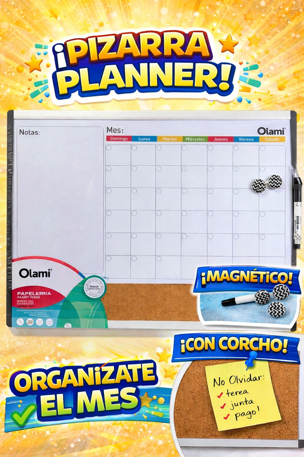 Pizarras Magnética "PLANIFICADOR MENSUAL C/ CORCHO"  43.2 X 58.5 + Elementos de Fijación OLAMI