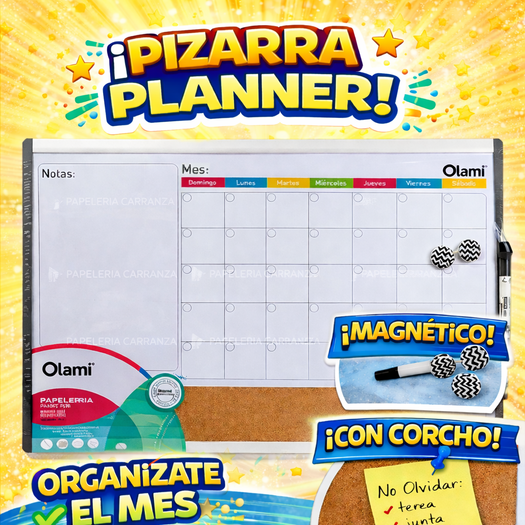 Pizarras Magnética "PLANIFICADOR MENSUAL C/ CORCHO"  43.2 X 58.5 + Elementos de Fijación OLAMI