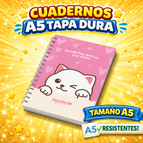 CUADERNOS C/ ESPIRAL 16 X 21 ” GATITO ” A5 TAPA DURA