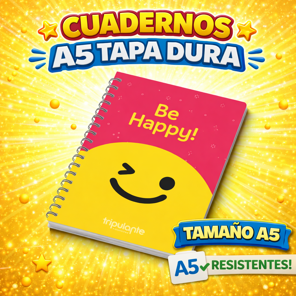 CUADERNOS C/ ESPIRAL 16 X 21 ” BE HAPPY ” A5 TAPA DURA