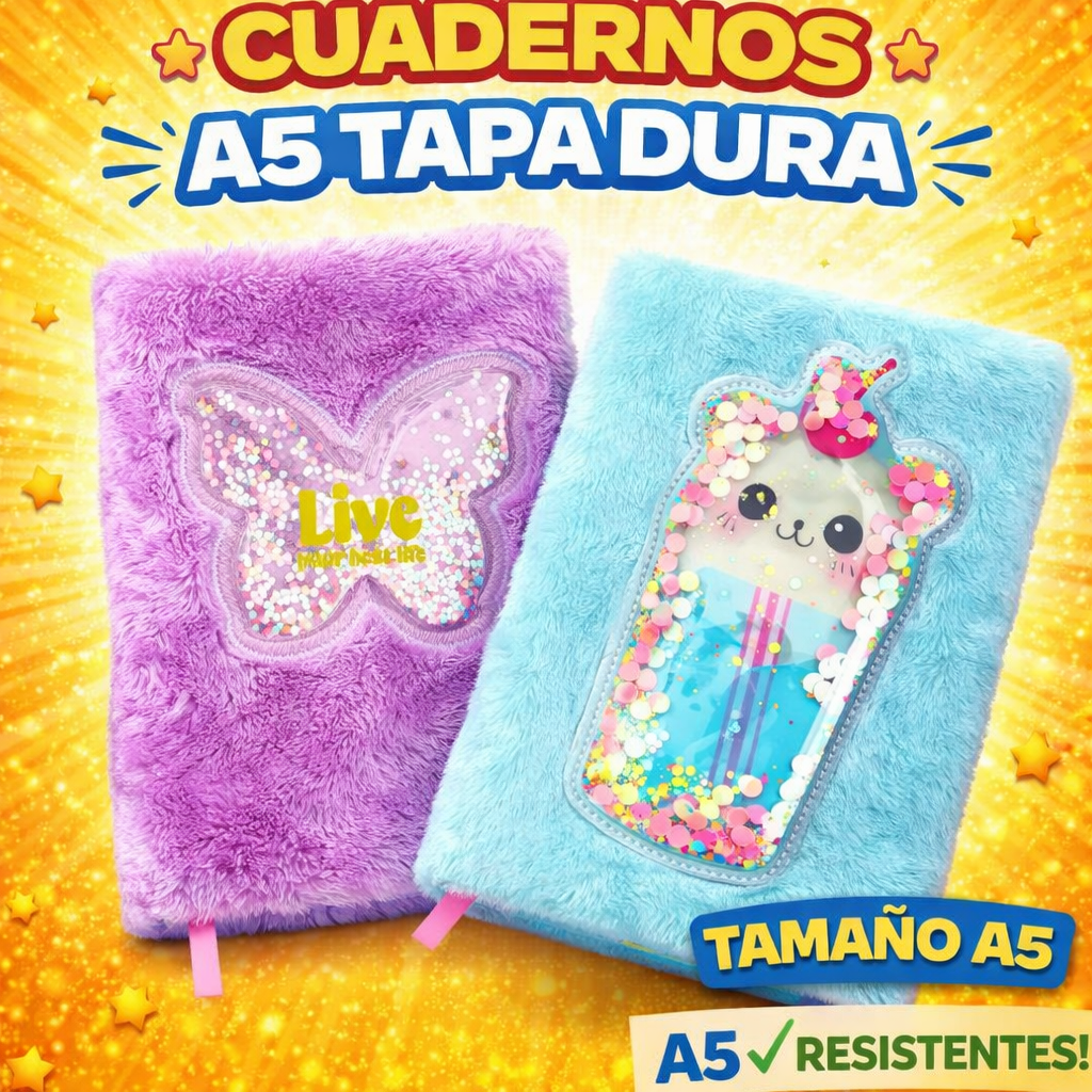 CUADERNOS C/ ESPIRAL 16 X 21 ” MARIPOSAS CON PELUCHE VIOLETA ” A5 TAPA DURA