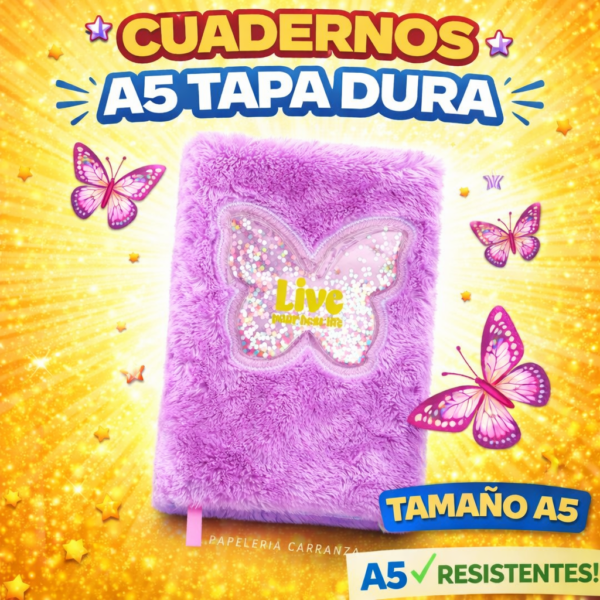 CUADERNOS C/ ESPIRAL 16 X 21 ” MARIPOSAS CON PELUCHE VIOLETA ” A5 TAPA DURA