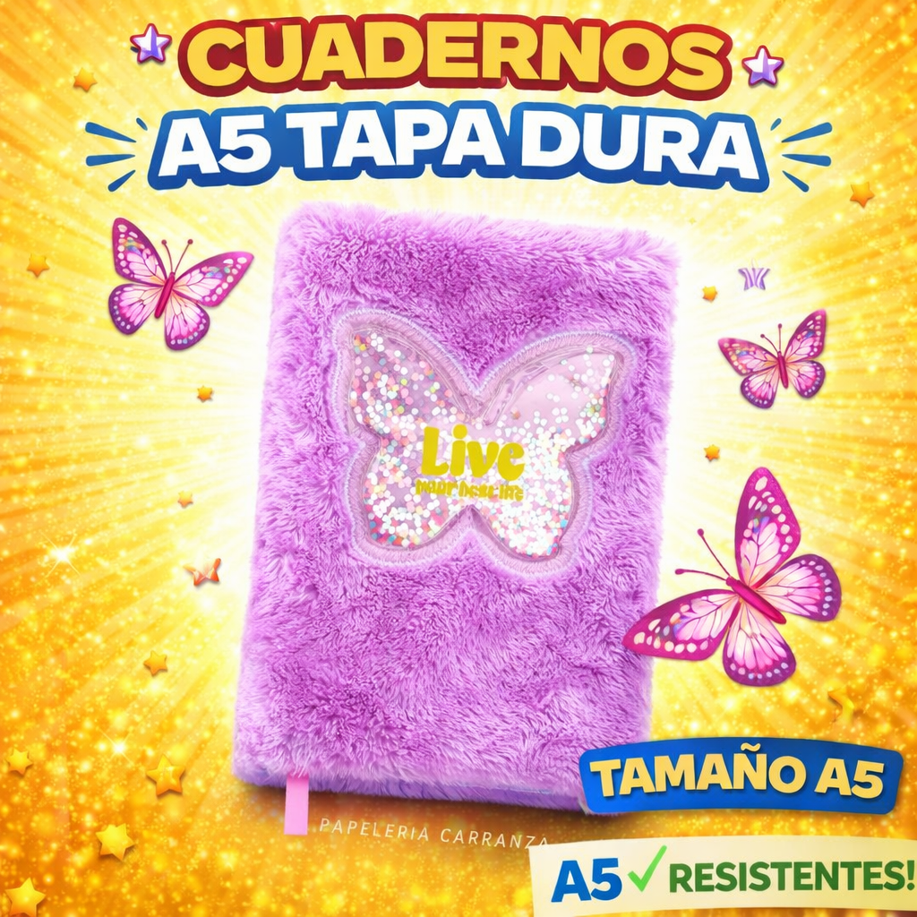 CUADERNOS C/ ESPIRAL 16 X 21 ” MARIPOSAS CON PELUCHE VIOLETA ” A5 TAPA DURA