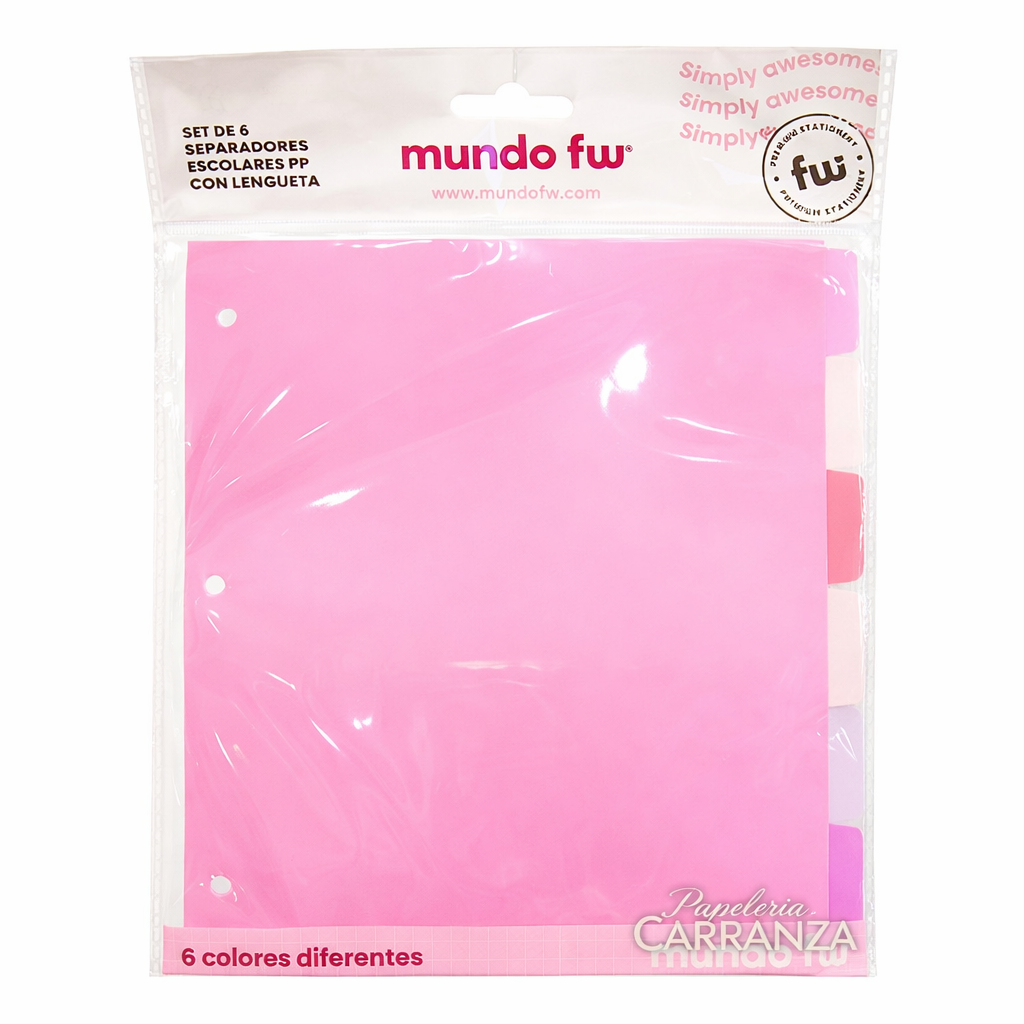 Separadores de Materias FW " PINK " Tamaño Escolar x 6 unidades (Plastico)