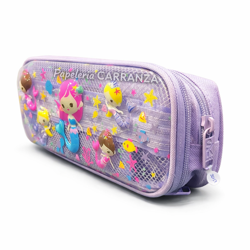 Cartucheras 3D "Sirenas 2 Cierres " Frente Traslucido 2 Divisiones Reforzadas (2051)