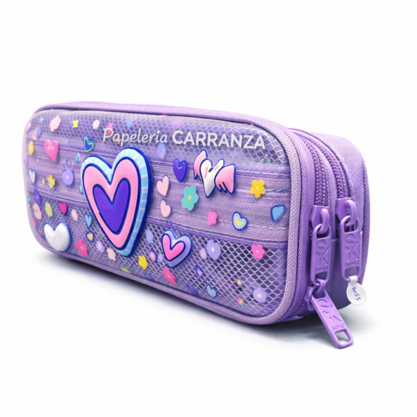 Cartucheras 3D "Corazón 2 Cierres " Frente Traslucido 2 Divisiones Reforzadas (2053)