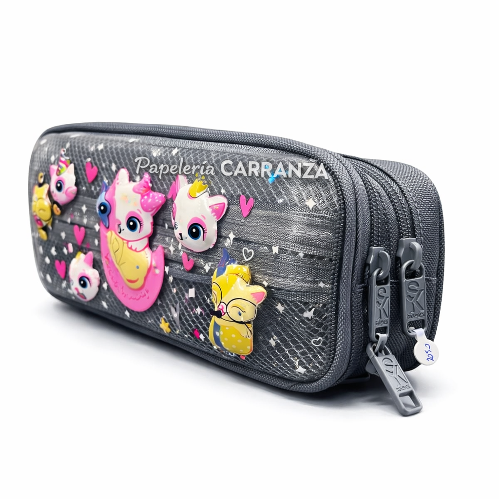 Cartucheras 3D "Gatito 2 Cierres " Frente Traslucido 2 Divisiones Reforzadas (2050)