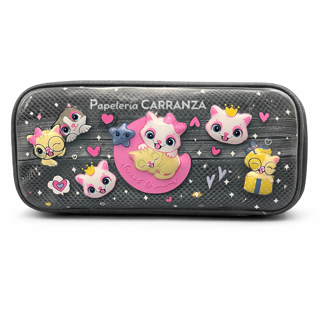 Cartucheras 3D "Gatito 2 Cierres " Frente Traslucido 2 Divisiones Reforzadas (2050)