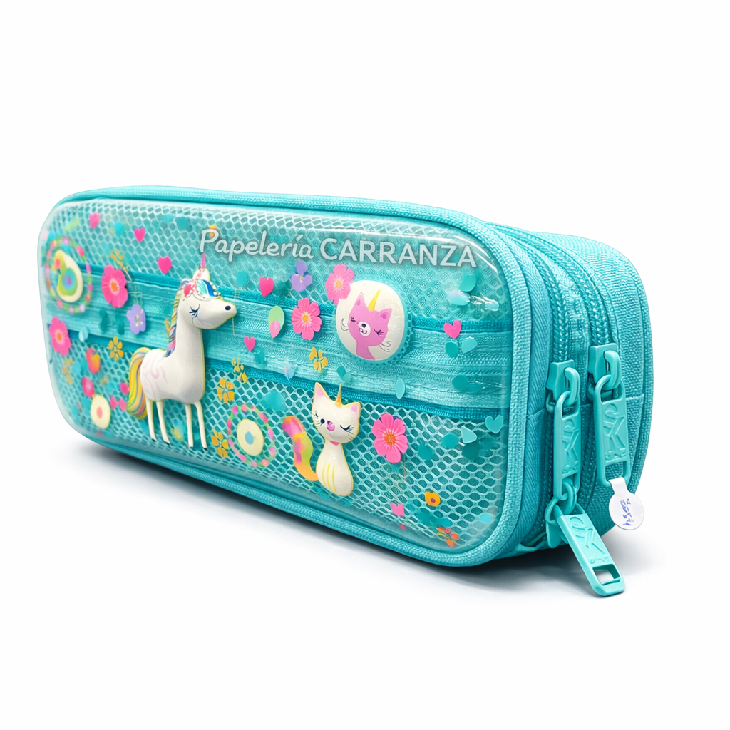 Cartucheras 3D "Unicornios 2 Cierres " Frente Traslucido 2 Divisiones Reforzadas (2054)
