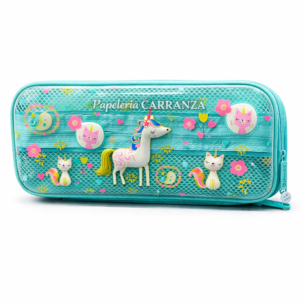 Cartucheras 3D "Unicornios 2 Cierres " Frente Traslucido 2 Divisiones Reforzadas (2054)