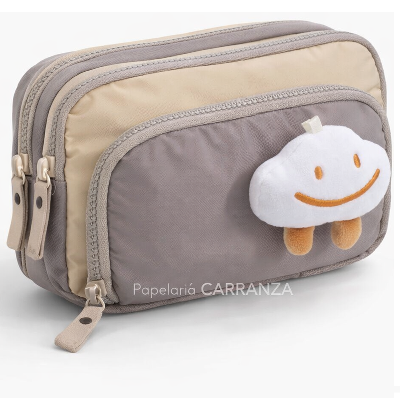 Cartucheras "Peluche Beige Carita de Nube 3 Cierres "  3 Divisiones Reforzadas