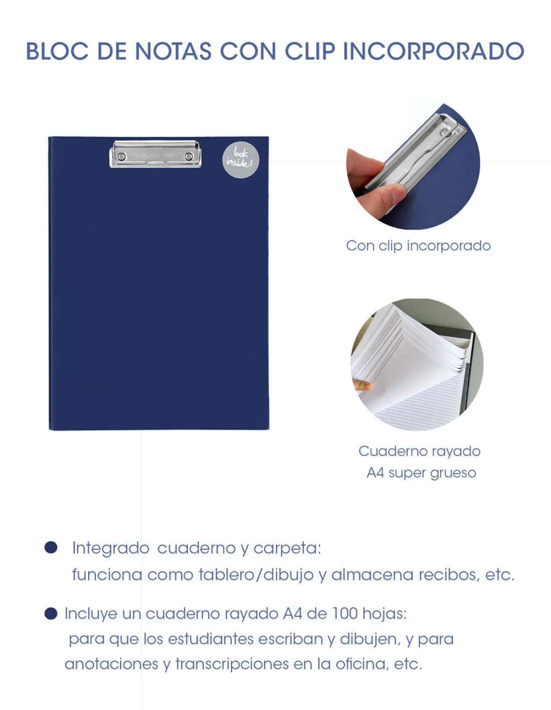 Porta Block - WILKO C/ BLOCK DE 100 HOJAS + ORGANIZADOR DE PAPELES (Interno) - RAYADO tamaño A4 (Mediano) REFORZADO