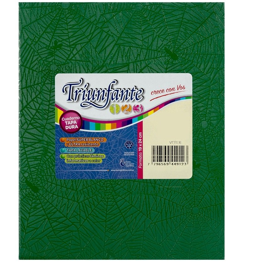 Cuaderno Tapa Dura Forrado Araña // VERDE // TRIUNFANTE 100 HOJAS RAYADO (TAMAÑO GRANDE N°3 / A3) 19x24