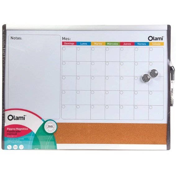Pizarras Magnética "PLANIFICADOR MENSUAL C/ CORCHO"  43.2 X 58.5 + Elementos de Fijación OLAMI
