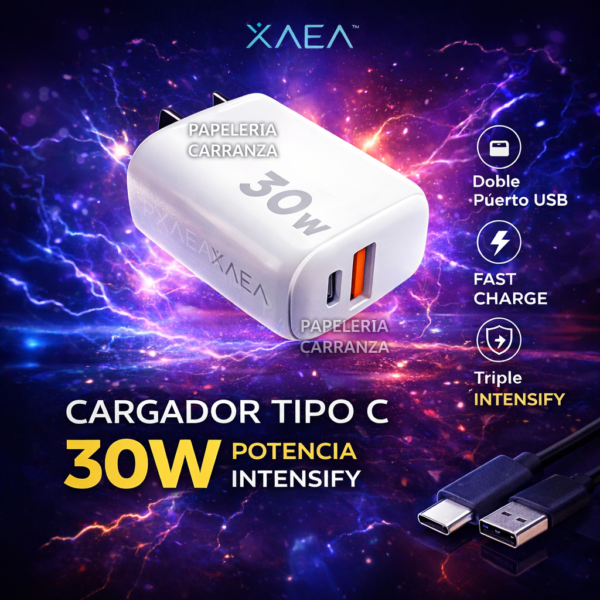 Cargador para Celular INTENSIFY (Salida USB y "C") + Cable Tipo " C " 30W Premium Usb (Carga Rapida) - Calidad de un Original