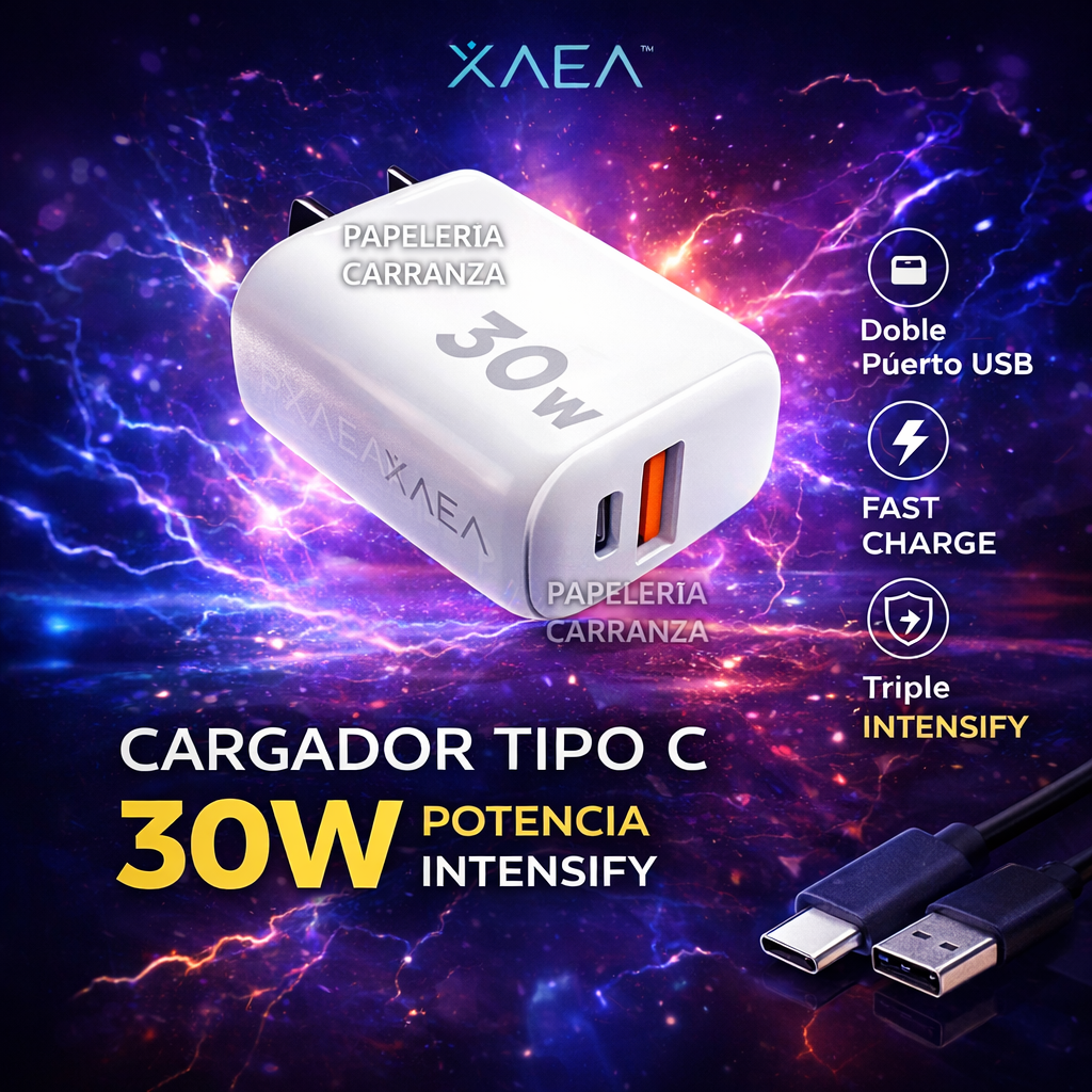 Cargador para Celular INTENSIFY (Salida USB y "C") + Cable Tipo " C " 30W Premium Usb (Carga Rapida) - Calidad de un Original