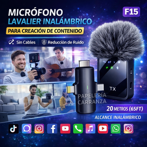 Micrófono corbatero "F15" Salida Tipo "C" + Iphone  - Negro para Creadores de Contenido