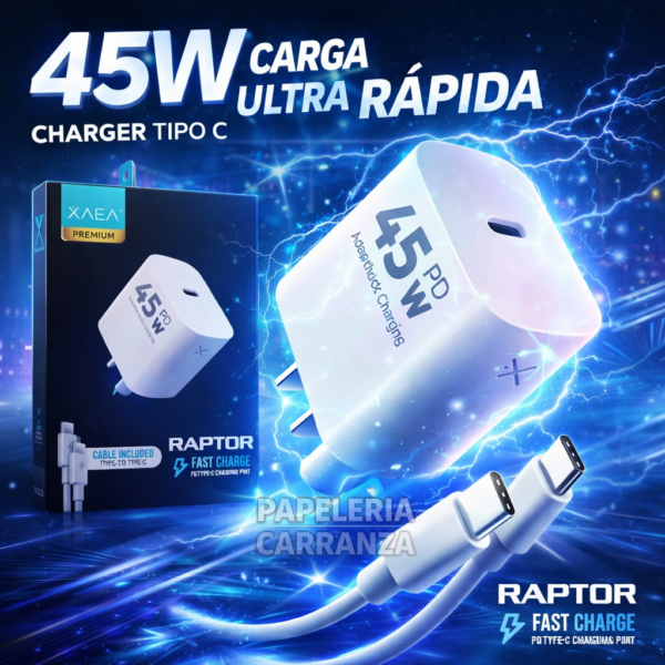 Cargador para Celular * XAEA RAPTOR Tipo " C " 45W * Premium Usb (Carga Ultra Rapida) - Calidad de un Original