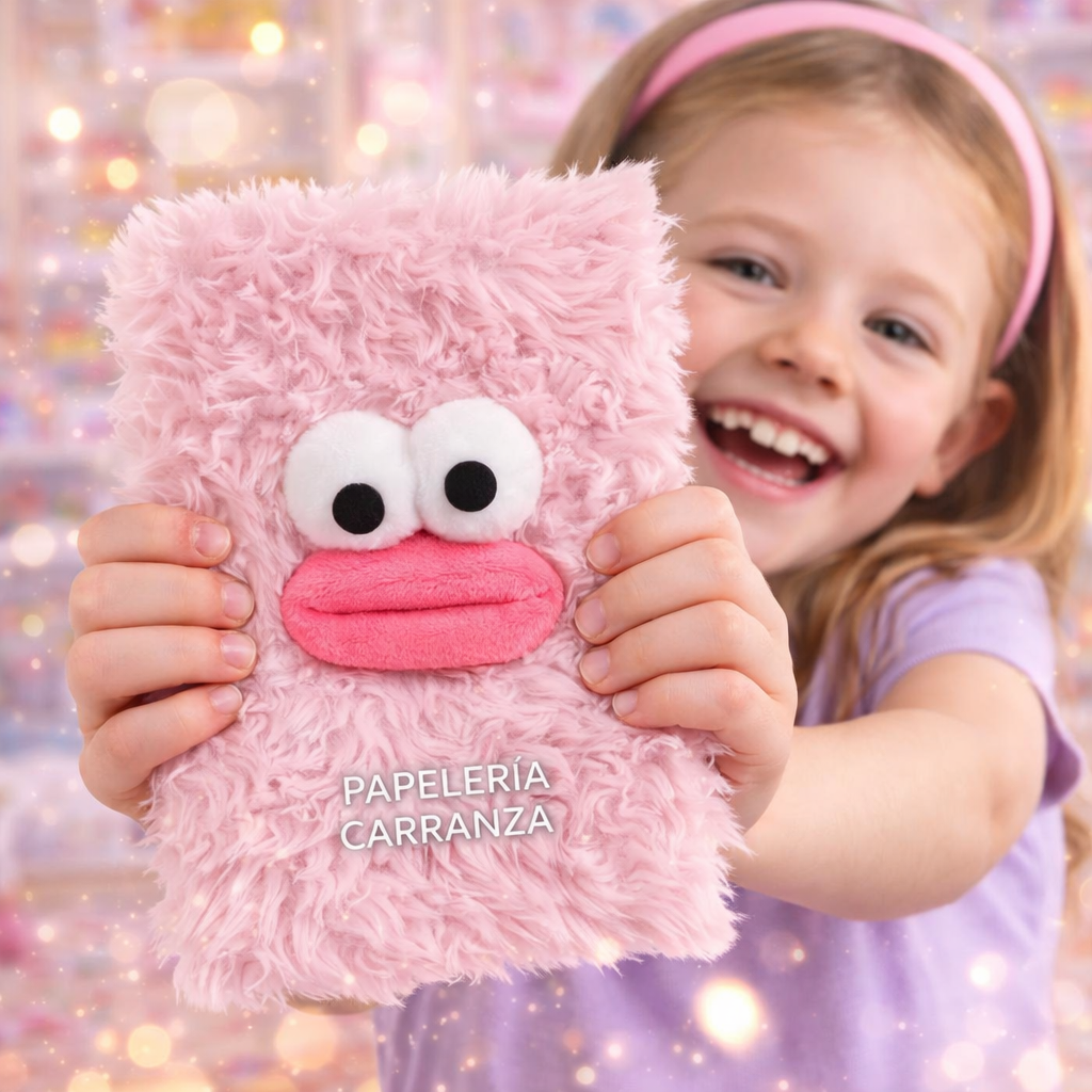 CUADERNOS C/ ESPIRAL 16 X 21 ” OJITOS ROSA CON PELUCHE ” A5 TAPA DURA