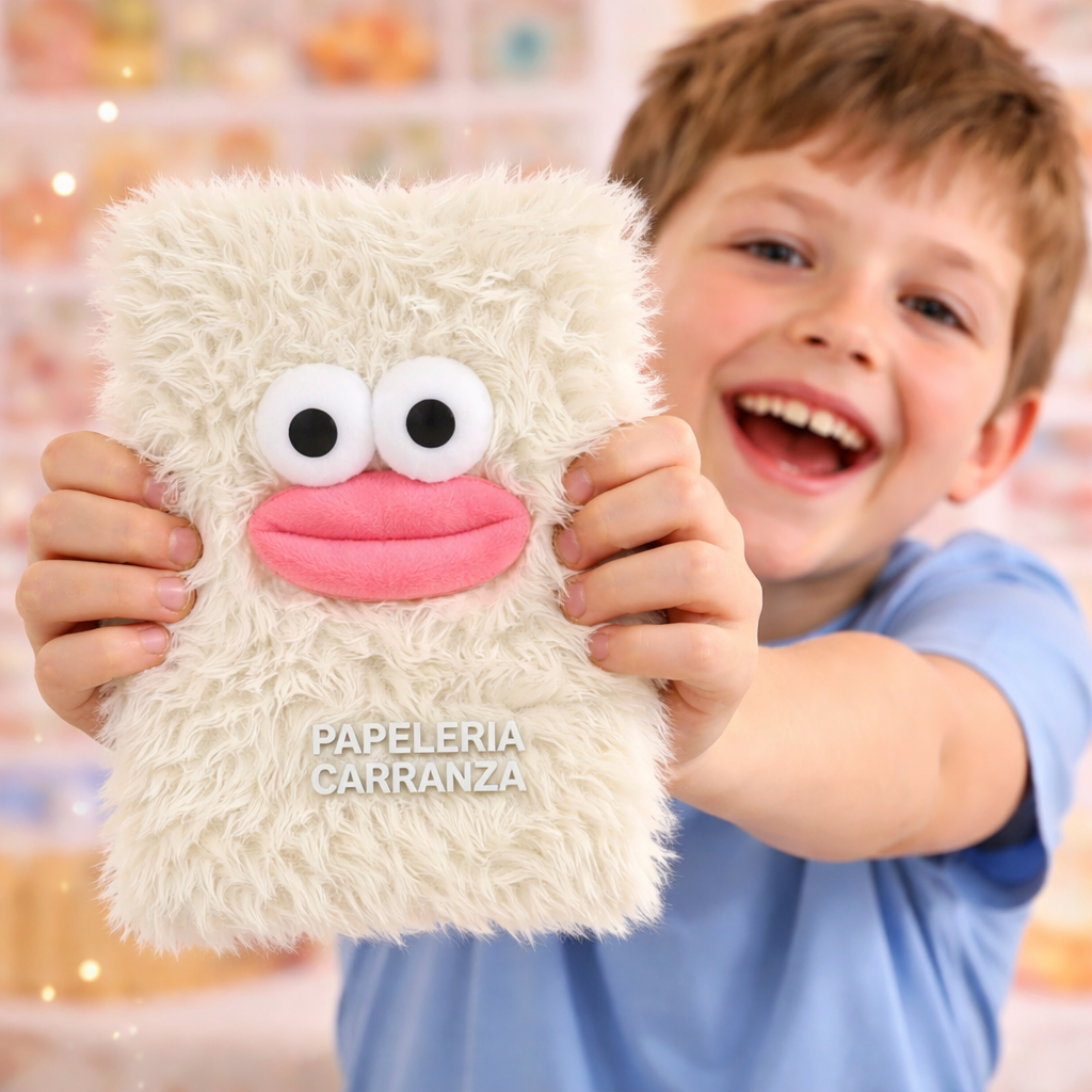 CUADERNOS C/ ESPIRAL 16 X 21 ” OJITOS BLANCO CON PELUCHE ” A5 TAPA DURA