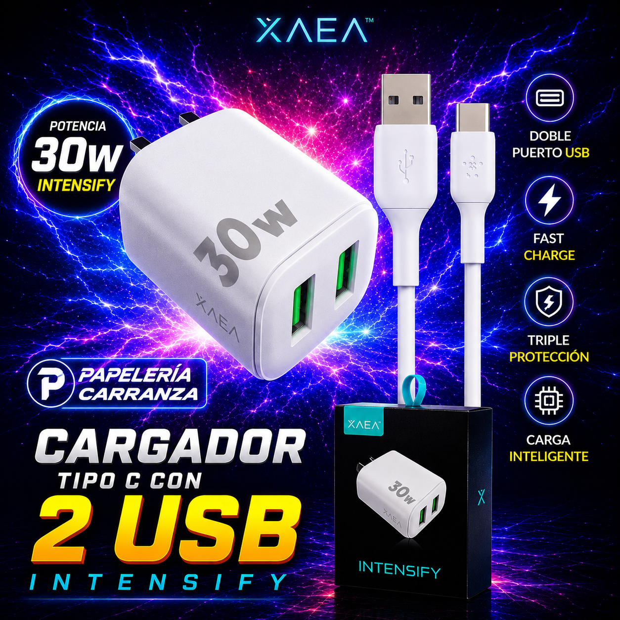 Cargador para Celular INTENSIFY (Salida USB DOBLE) + Cable Tipo " C " 30W Premium Usb (Carga Rapida) - Calidad de un Original