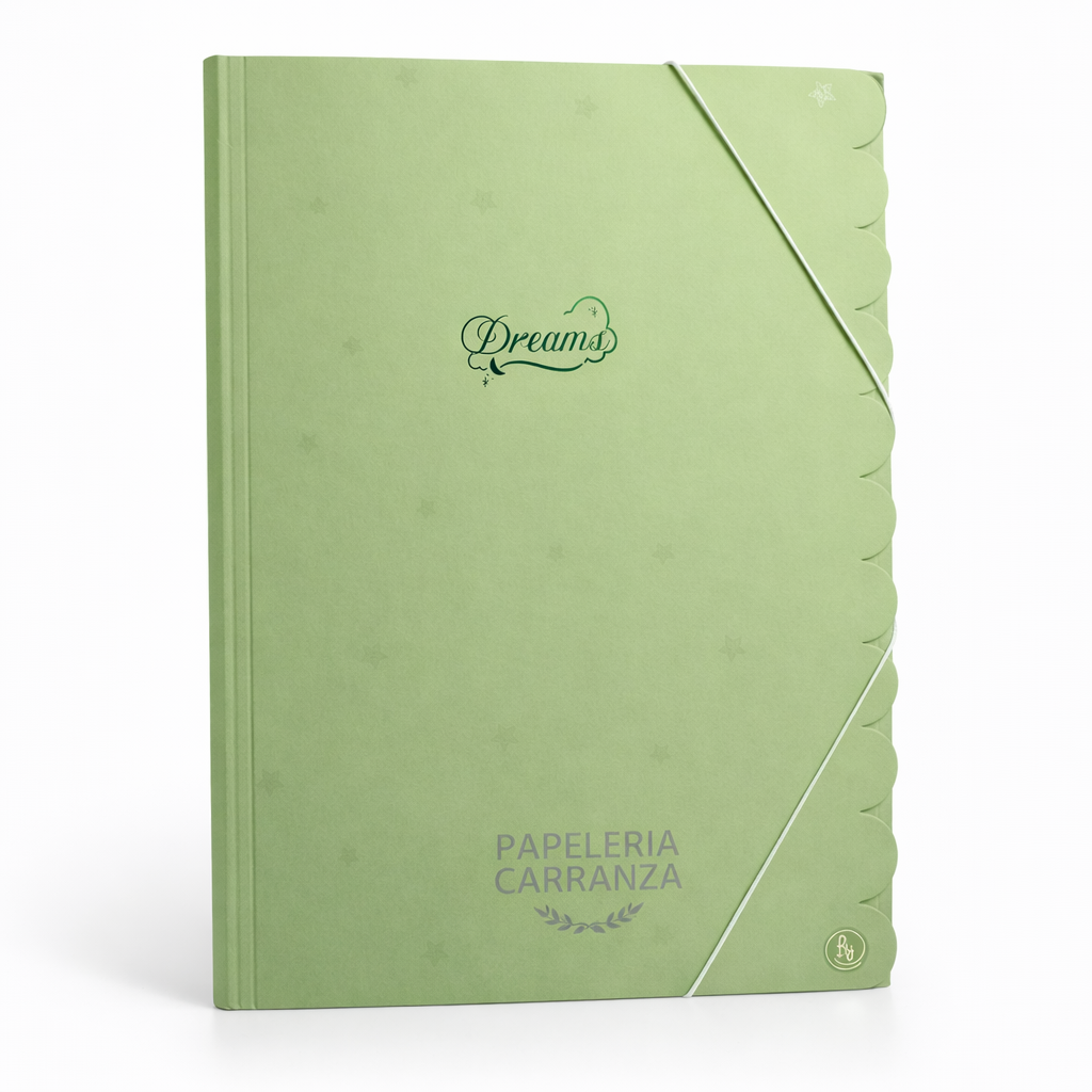 CARPETA 3 SOLAPAS RY * DREAMS VERDE PASTEL * C/ ELASTICO TAMAÑO OFICIO