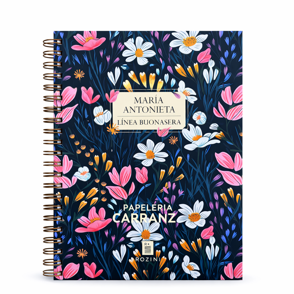 CUADERNOS C/ ESPIRAL 15 X 21 ” MARÍA ANTONIETA (FLORES) ” 90 Hojas RAYADAS c/ Diseño A5 TAPA SEMI RIGIDA