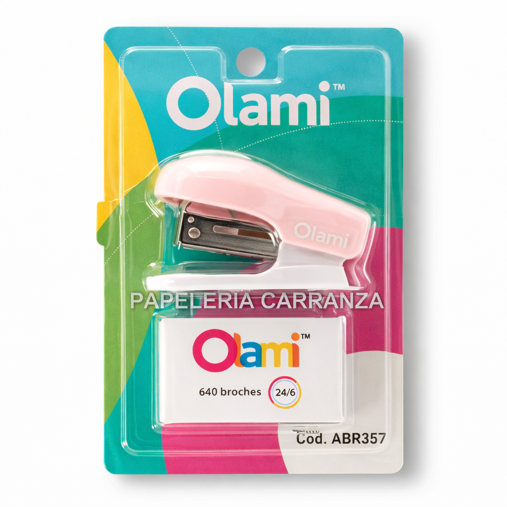 KIT ABROCHADORA OLAMI ** ROSA PASTEL ** + BROCHES 24/6 (Para 12 Hojas)