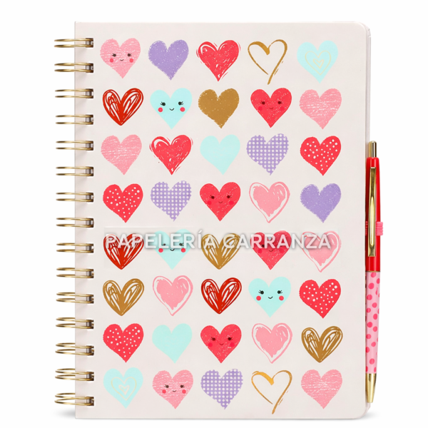 CUADERNOS C/ ESPIRAL 15 X 21 ” Corazon + Lapicera de REGALO!  ” Hojas RAYADAS c/ Diseño A5 TAPA DURA