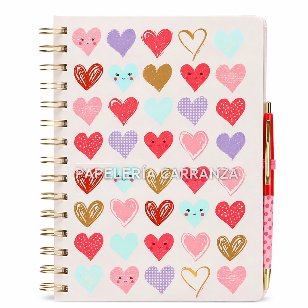 CUADERNOS C/ ESPIRAL 15 X 21 ” Corazon + Lapicera de REGALO!  ” Hojas RAYADAS c/ Diseño A5 TAPA DURA