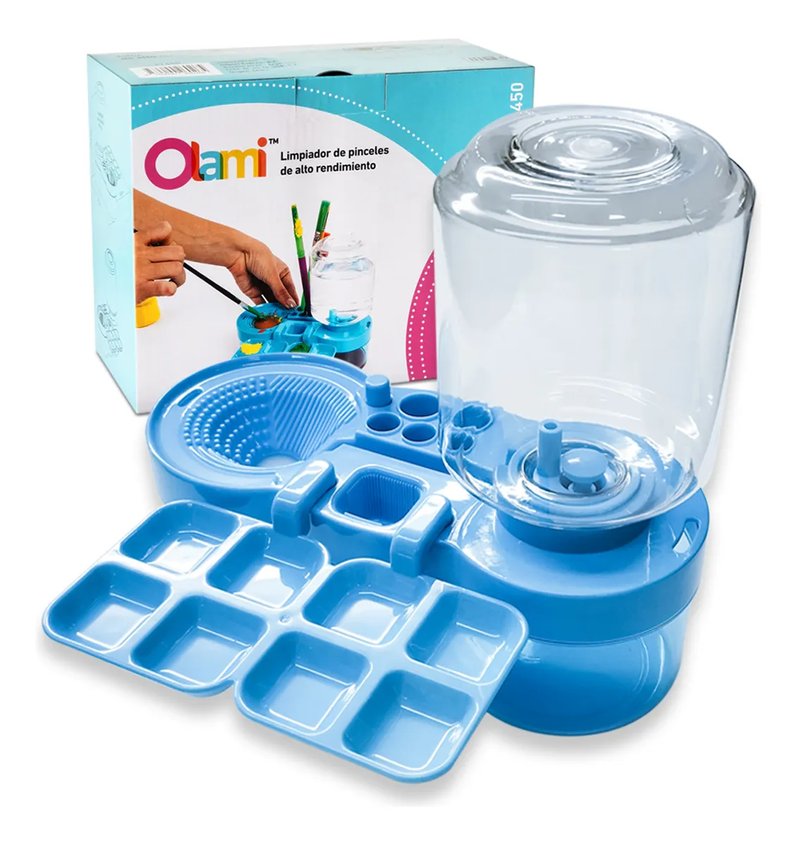 LIMPIADOR Y ORGANIZADOR DE PINCELES  Y PINTURAS - OLAMI CELESTE - CON DEPOSITO DE AGUA | ALTO RENTIMIENTO